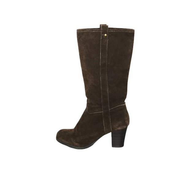 Boots Brown Suede Leather Block Heels Pull On Womens 9 Calf Height Western Almon - Picture 7 of 10